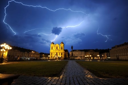 Lightning Illumination - storm, illumination, night, church, architecture, sky, building, lighting