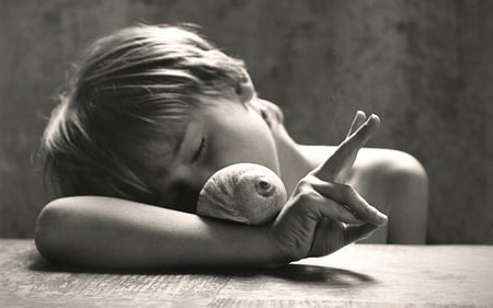 ~~~ - snail, photography, child, bw, dreamy