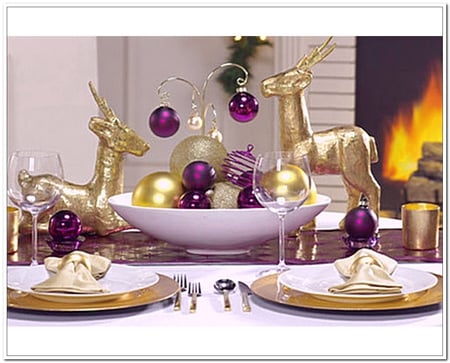 One Christmas in style - warmth, lavender, fashion, entertainment, cozy, style, golden balls, purple, fireplace, fire, ornaments, violet, reindeers, living room, beautiful, table, christmas, wonderful, design