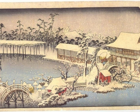 Hiroshige - Kameido Shrine in the Snow - snow, ukiyo-e, print, japanese