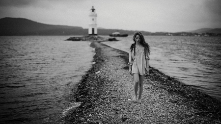 My way - sky, lighthouse, girl, way, sad, water, black and white, road, alone, dreamer