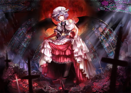 Remilia Scarlet - female, dress, light, church, touhou, stained glass, headdress, anime girl, red gloves, bat wings, cool, sweet, flower, smile, wings, rose, cute, remilia scarlet, cross, gloves