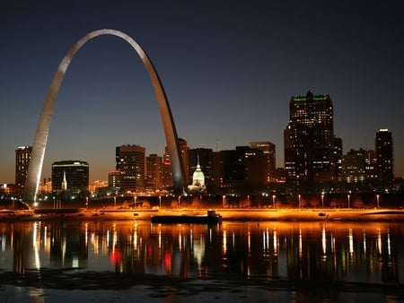 The St. Louis Gateway Arch at Night Time. - stainless steal, height is 630 feet, stable, night time river