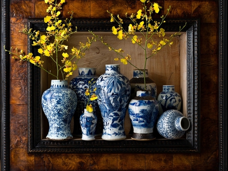 Oriental Still Life in Blue - flowers, oriental, white, blue, still life, vases