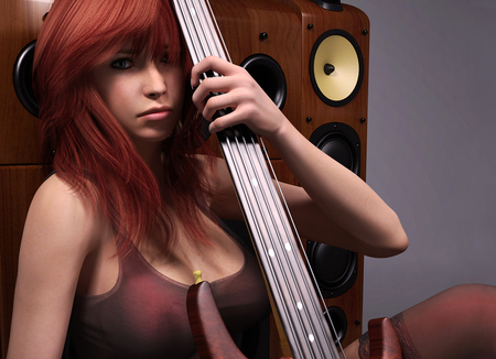 Guitar Girl - female, eye, music, red hair, guitar, red, hd, face, hot, girl, digital art, hair, cg, fantasy, lips, babe, redhead, dancefloor, sexy