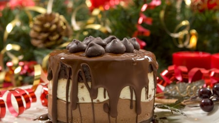 Dripping Chocolate Cake for my Friends - cream, amazing, chocolate, chips, cool, sweet, christmas, yammy, red, pine, ribbon, nice, gift, dripping, cake