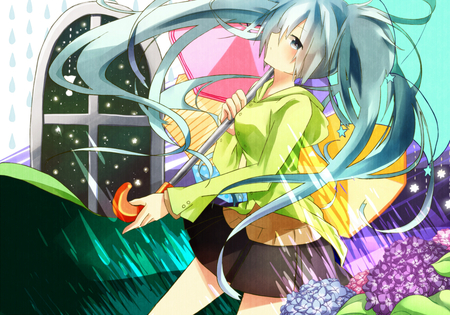 Hatsune Miku - pretty, artistic, digital window, twin tail, pink, stunning, umbrella, rain, nice, program, thighhighs, beauty, virtual, cg, white, cute, aqua eyes, song, outfit, vocaloid, anime, blue, amazing, twintail, hatsune miku, music, aqua, purple, art, idol, anime girl, skirt, beautiful, singer, girl, cool, black, miku, awesome, diva, aqua hair, thigh highs, hatsune, vocaloids, melt