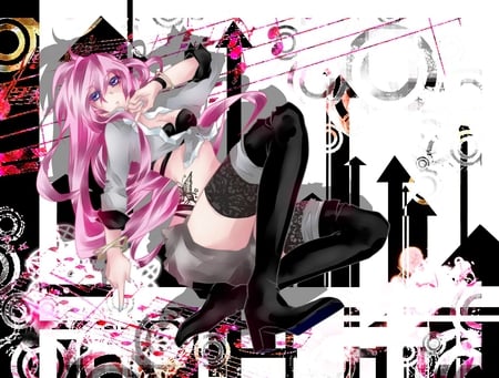 Megurine Luka - sitting, female, hot, thighhighs, music, anime girl, tyouya, tattoo, cool, megurine luka, rock, sound, luka megurine, vector, sexy, pink hair, text, vocaloids, butterfly, vocaloid, smile, blush