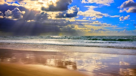 NATURE'S TORCH - clouds, beams, rays, beach, sunshine, ocean, sky