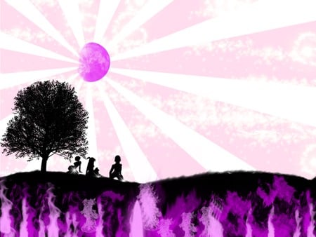 Pink and Purple Seduction - purple, vector, abstract, lovers, mountain, pink, tree, sunrays