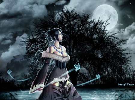 Lake of Tears - tears, lake, lady, full moon, anime, hope, darkness