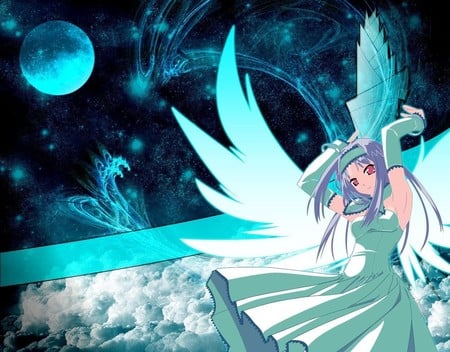 Angel of Tranquility - tranquility, angel, quietude, turquoise wings, anime, fullmoon