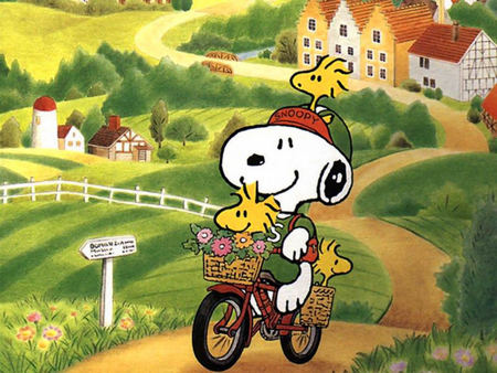 Snoopy and Friends_Country Ride - houses, ride, trees, hills, bike, bicycle, road, buildings, country, snoopy, flowers