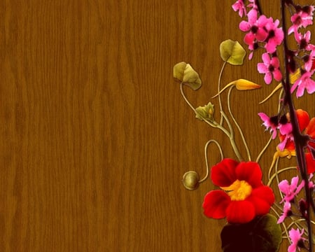 Flowers and oak - wood, brown, oak, red, flower