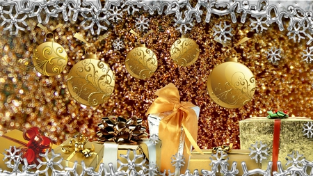 Bright Holiday - christmas, gifts, snowflakes, glitter, gold, packages, shine