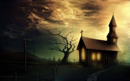 suspensive house - evening, sadness, light, tree