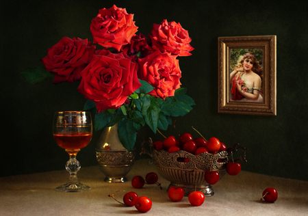 Still life - nice, beauty, roses, photography, delicate, bouquet, rose, wine, still life, painting, cherries, art, pretty, cool, red wine, harmony, glass, girl, lovely, fruit, vase, red, beautiful, colors, flowers, photo, flower