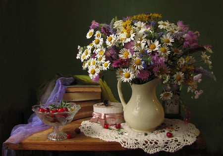 Still life - pretty, elegantly, book, amazing, great, clock, books, photo, flowers, daisies, fruit, box, nice, cherries, delicate, beautiful, photography, beauty, lace, lovely, cool, still life, flower, bouquet, jug, harmony, scarf, gift