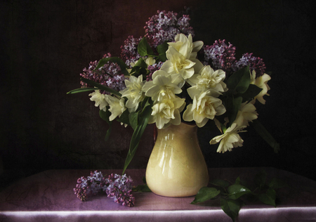 Still life - flower, beautiful, bouquet, harmony, silk, elegantly, photography, delicate, pretty, cool, beauty, flowers, photo, still life, lilac, kettle, nice, lovely