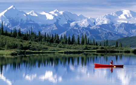 Red Canoe - sky, moutains, trees, water