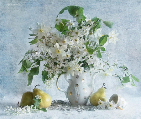 Pears and flowers. - vase, pear, fruit, leaf, flower, still life