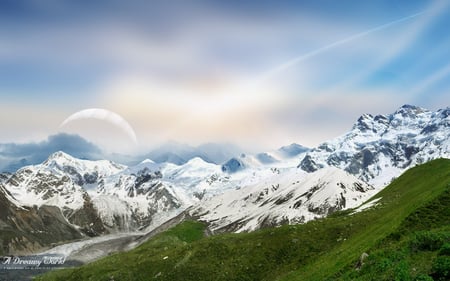 Dream World - sky, snow, mountains, grass, planet, fantasy