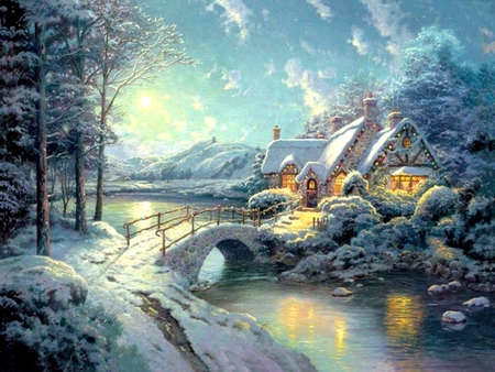 CHRISTMAS SUNLIGHT - cold, sunlight, snow, winter, house, bridge, christmas