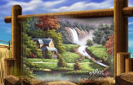 Beautiful home. - house, path, waterfall, flower, tree, home