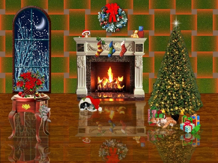 THE WARMTH OF CHRISTMAS - animals, gifts, fireplace, reflection, tree, christmas