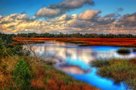 Colors on the lake - beauty, sky, image, white, view, amazing, reflection, clouds, hdr, lake, landscape, background, nature, red, blue, vegetation, colors