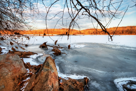 Winter - branches, winter, image, beautiful, snow, landscape, orange, ice, frozen, white, nature, cold, background, rocks