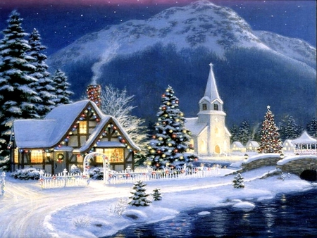 CHRISTMAS EVE - house, winter, evening, snow, church, christmas, lights, cold, mountains