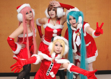 merry christmas vocaloid - christmas, santa, vocaloid, female, people, red, cosplay, nice pretty