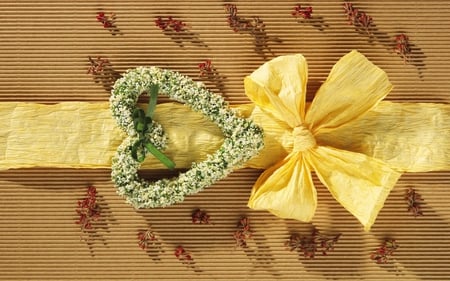 yellow ribbon - nice, yellow, heart, ribbon, flowers