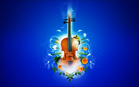 Violin - abstract, frog, blue, orange, green, leaf, violin, flower