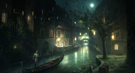 Venice Night - venice, lights, video game, boat, game, quiet, assassins creed, digital painting, assassins creed ii, dark, hd, night, digital art, cg, assassins creed 2, silence, houses, moon, green