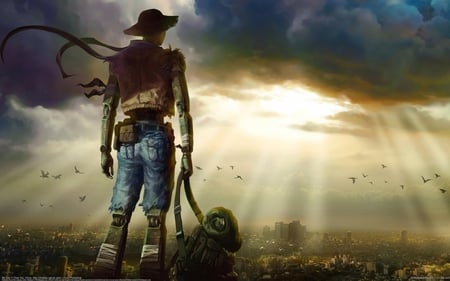 My City- Return to Home - hat, birds, digital art, sunshine, city, robot, cg, digital painting, fantasy, cloud, hd, chen kai, 3d, sky