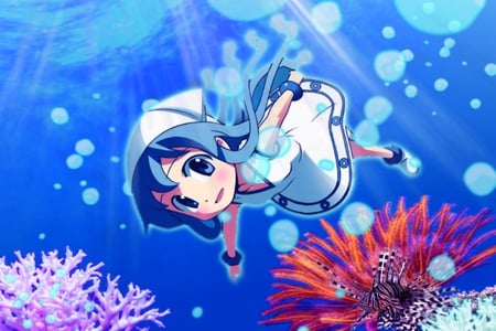 Ika Musume At Coral Beach - anime, blie hair, ika musume, squid