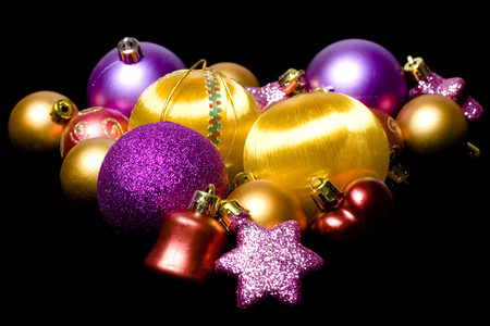 Christmas decoration - pretty, star, photo, stars, purple, holiday, black background, decorations, merry christmas, golden, nice, ball, happy new year, beautiful, balls, photography, beauty, gold, colors, lovely, cool, christmas