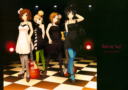 K-On - hat, brown eyes, dress, blonde hair, brown hair, long hair, k-on, black eyes, black hair, blue eyes