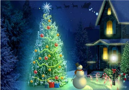 Seasons greetings - snowman, snow, winter, tree, house, lights