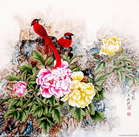 Bird oriental art. - oriental, flower, bird, leaf, perch