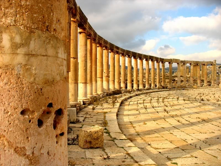 Plaza in Jarash, Jordon - sky, pilars, row, tan