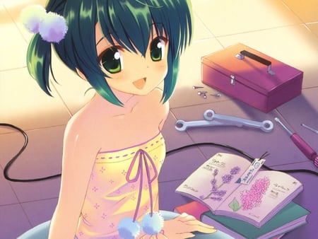 Hiiragi Noa - sexy, girl, anime girl, kawai, book, green eyes, anime, blush, green hair, hiiragi noa, cute, mm, short hair, ohara tometa