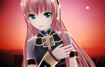 Megurine Luka - outfit, virtual, digital, vocaloids, song, microphone, megurine, gold, city, uniform, singer, sunset, venus, megurine luka, cool, pink, headphones, plant, awesome, vocaloid, anime, buildings, cg, clouds, black, cute, beautiful, girl, anime girl, white, pink hair, light, luka, program, aqua eyes, artistic, pretty, glow, aqua, beauty, sun, art, diva, sky, nice, idol, headset, music