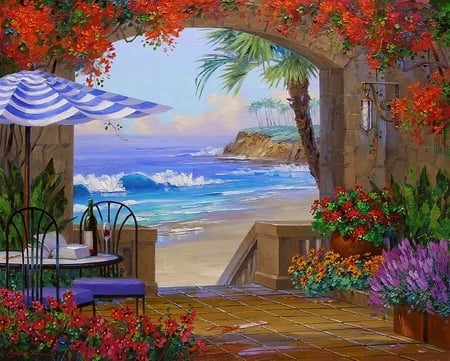 Mikki Senkarik. Essence of romance - nice, beach, terrace, wine, coast, rocks, painting, view, art, pretty, calmness, umbrella, romance, mikki senkarik, ocean, summer, shore, lovely, serenity, waves, nature, arch, chair, romantic, essence, beautiful, breeze, flowers, sea, flower