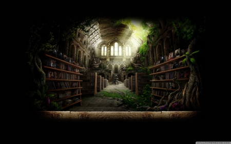 Forbidden Library - shelf, library, fountain, book, forbidden, forest, cool, abandoned, fantasy, ancient, old, sun