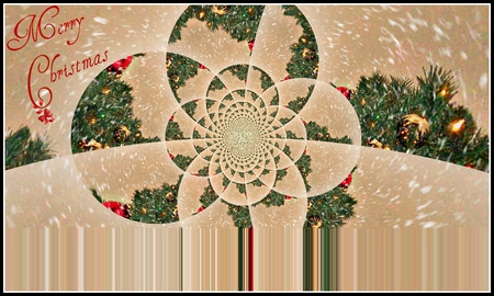 Merry Christmas - candy cane, gold hues, merry, snow flakes, tree, christmas, red, lights, green, ornaments