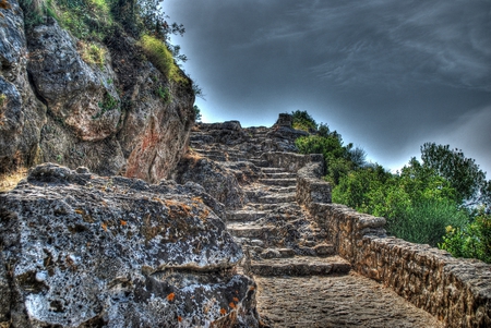 Ancient Stairs - stone, stairs, castle entrance, dark clouds, foliage