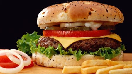 Want a Juicy Burger ? - lettuce, fries, delicius, burger, bun, chicken cutlet, tomato rings, cheese